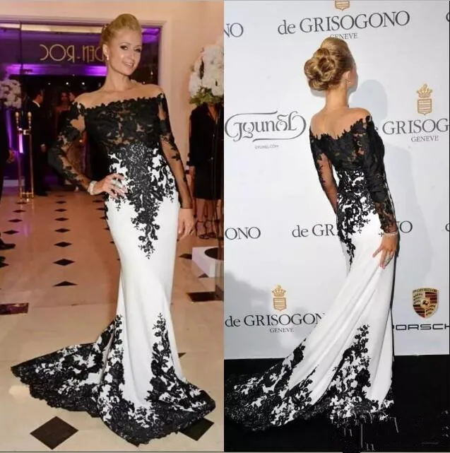 

Elegant Long Sleeves Mermaid Evening Dresses Vestidos De Noiva Arabic Sheer Neck Black Lace Appliques Formal Prom Party Gown