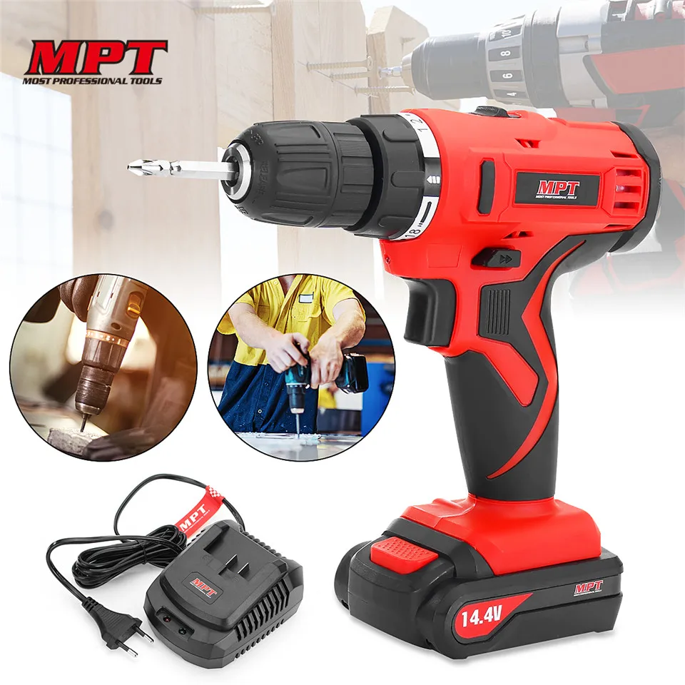 

MPT Electric Screwdriver Cordless Drill Driver 14.4V DC Mini Wireless Power Drill 1/2-Inch 2-Speed + 2Pcs Lithium-Ion Battery