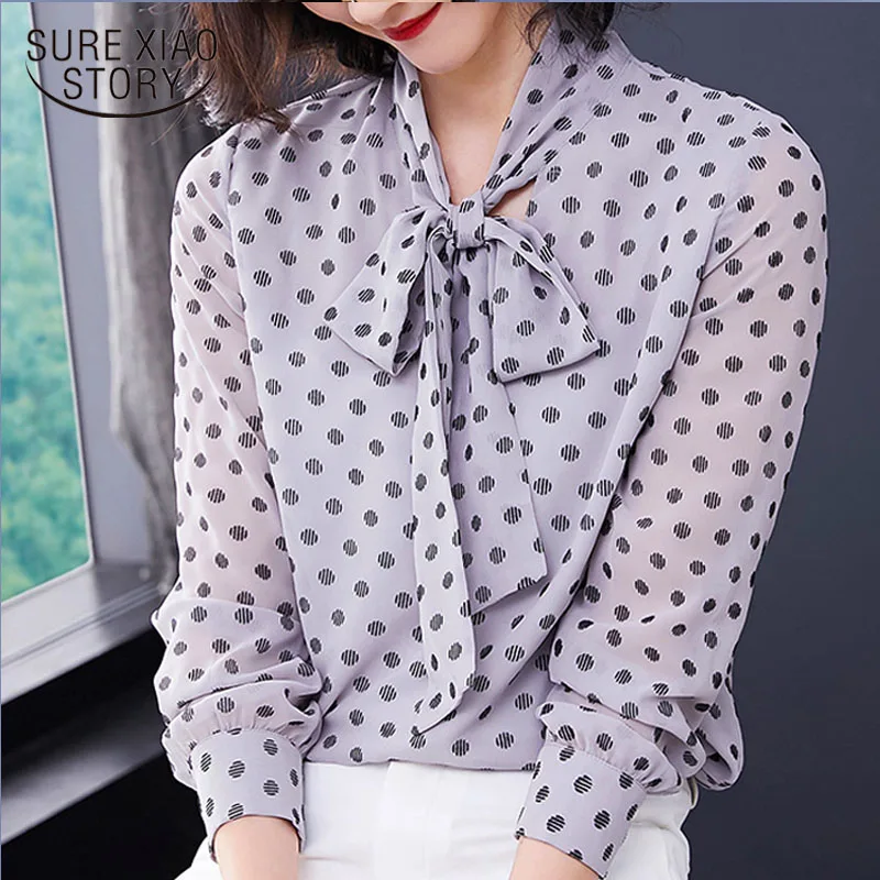 

Korean fashion clothing 2019 women's clothing ladies tops plus size chiffon blouse Polka Dot Bow shirts blouse women 2914 50