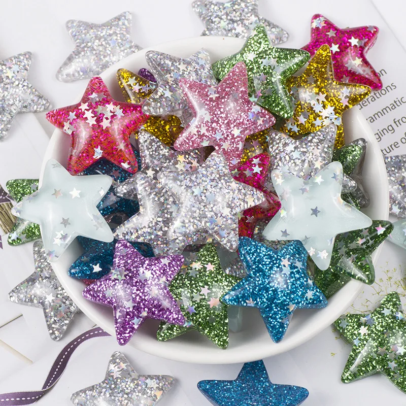 

10Pcs/lot Glitter Sequin Star Flat Back Resin Cabochon Kawaii Flatback Resin Cabochons Accessories DIY Hair Bows Scrapbooking