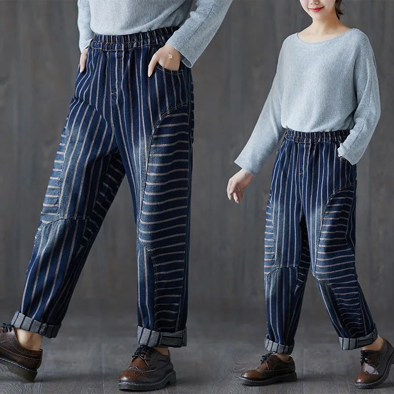 

Blue Bleached Striped Jeans Woman Long Pants Casual Pantalones Mujer 2019 New Style Elastic Waist Denim Trousers With Pocket
