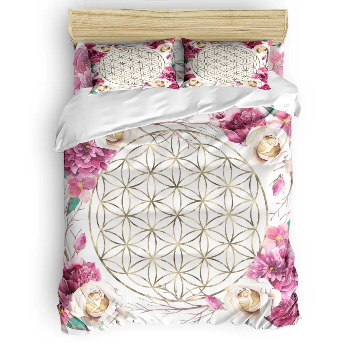 Flower Of Life Rose Garden Gold Duvet Cover Cotton King Size Queen
