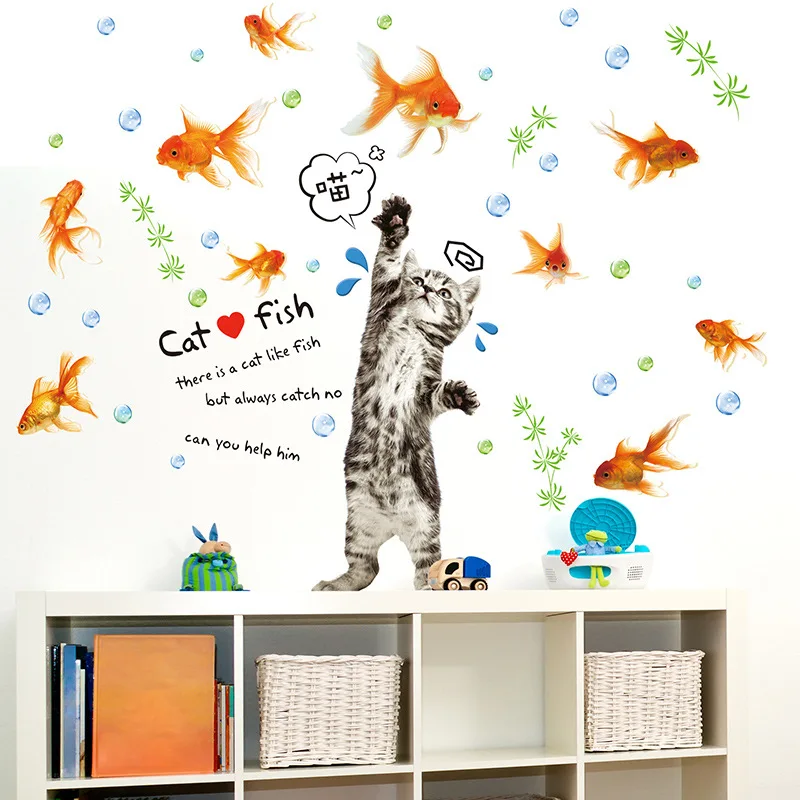 

Lovely Cat catching fish Wall Sticker for Home Decor kids room living room simulation animals stickers poster Mural art Decals