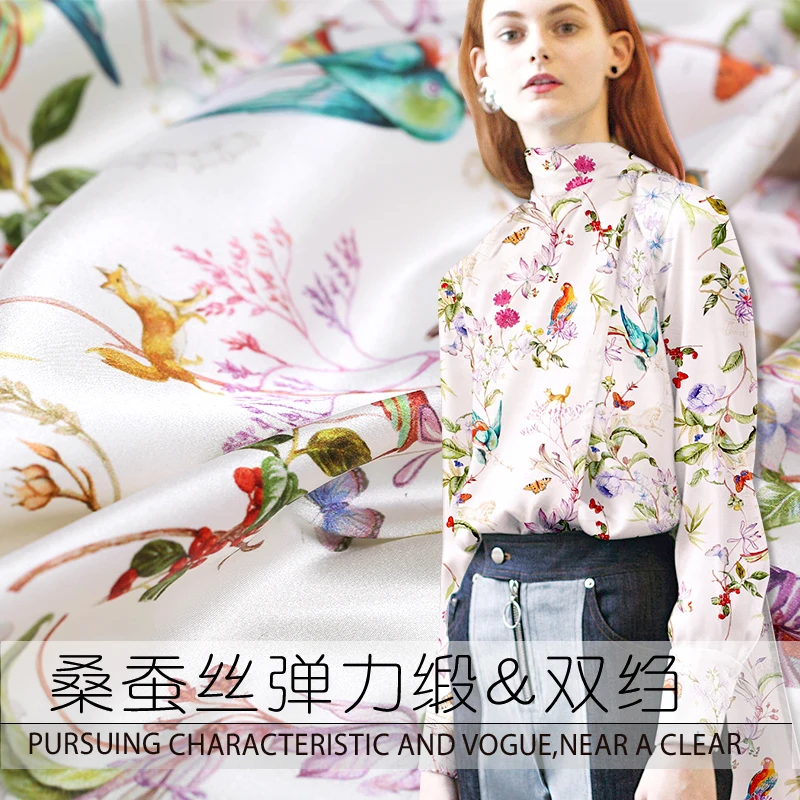 

Flower And Birds Print 100% Silk Fabric Crepe De Chine By 1 Meter Width 110cm Dress Material