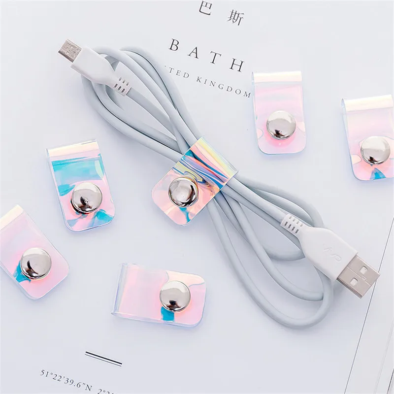 

Fashion Personality Cable Tie Button Data Cable Headphone CableOrganizer Transparent Laser Portable Data Cable Storage Buckle