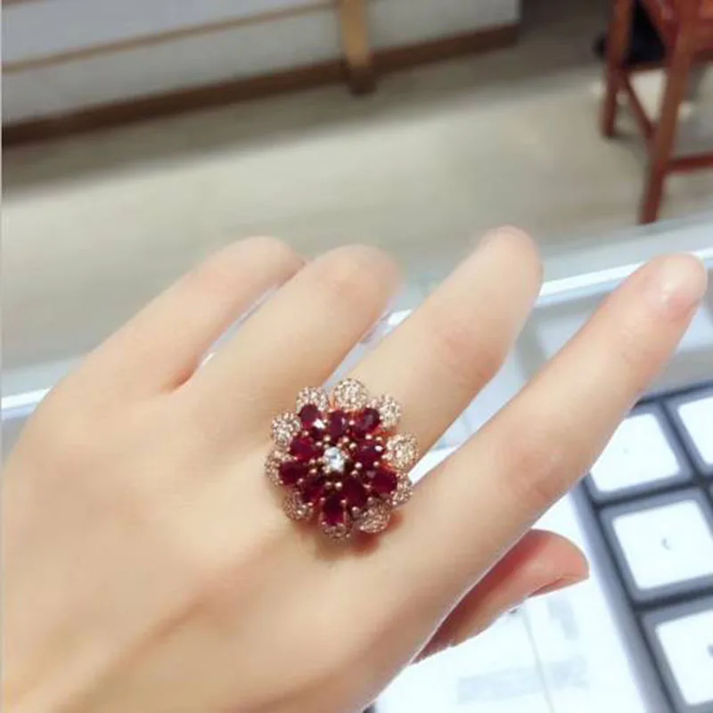 Кольца Qi Xuan_Red Stone модные цветы Ring_S925 Твердые серебряные модные красные камни rings_производитель прямые продажи