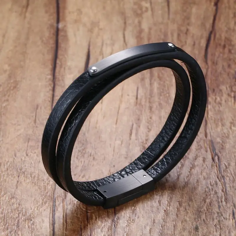 

Stunning Mens Genuine Leather Double Wrap Around Bracelets Stainless Steel ID Tag for Men Women Punk Bangle Wristband Jewelry