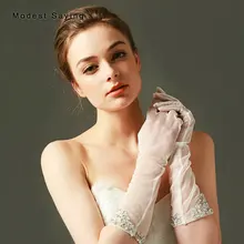 Цвета слоновой кости перчатки с бусинами Свадебные с палец Формальные локтя Свадебные перчатки с Стразы Свадебные аксессуары