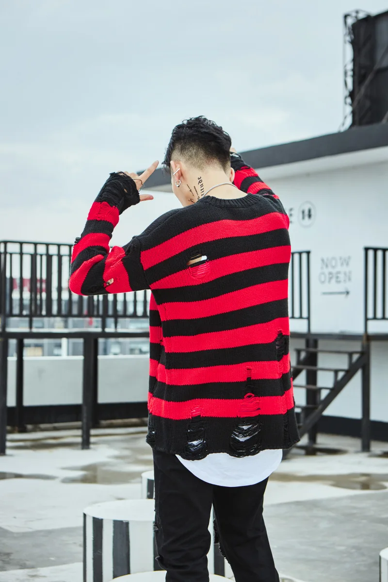 2019 отверстие модные пуловеры весна Евро-Америка High Street черный красный в полоску вязаный мужской свитер узор уличная