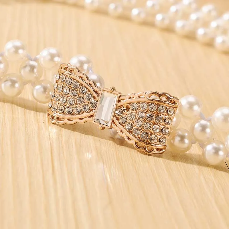 Новая мода Маленькая Золотая пряжка инкрустация имитация жемчуга эластичные ремни для женщин платье Украшение бантом женский ремень BL243 - Цвет: Bowknot diamond