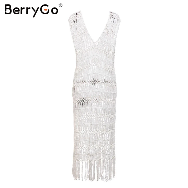 BerryGo женское платье кружевное накидка See through tassel пляжное сексуальный летний