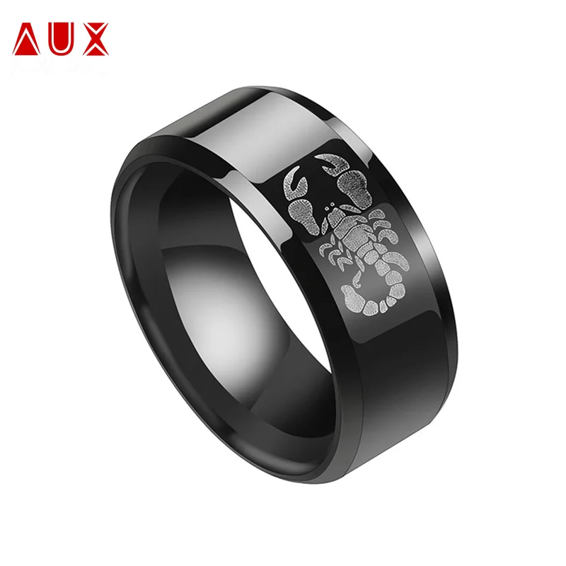 

Auxauxme Black Stainless Steel Scorpion Pattern Engraved Ring Punk Men Wedding Bands Party Jewelry For Boys Father's Day Gift