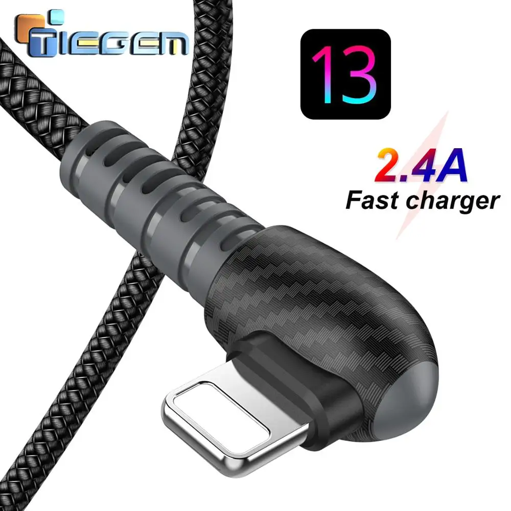 USB кабель TIEGEM для iPhone 8, 7, 6 Plus, 6 S, 5, 5S, SE, X, iPad 2, Mini, 90 градусов, кабели для быстрой зарядки, шнур для зарядного устройства мобильного телефона