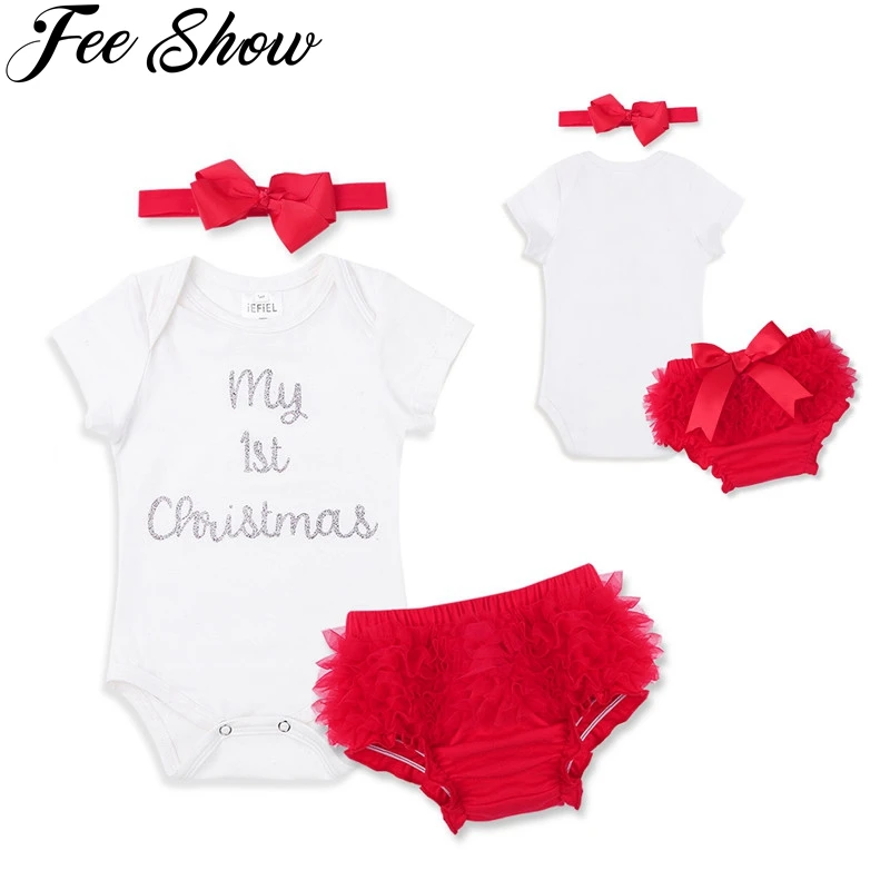 

3Pcs New Year Baby Girls Costume My 1st Christmas Print Outfit Short Sleeves Romper+Bloomers+Headband Infant Newborn Girl Wear
