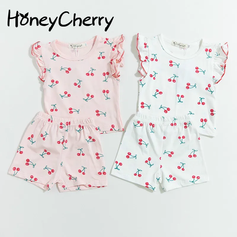 

Summer Baby Set Girls Cherries Sleeveless Tops, Shorts, Two-piece Cotton Suit Baby Girl Summer Clothes Jumpsuits