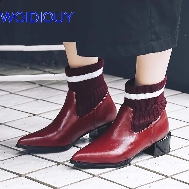 

Handmade Patchwok Leather Chelsea Boots Med High Heels Slip-On Women Boots Botas Mujer Shoes Winter Ankle Boots Outwear Shoes