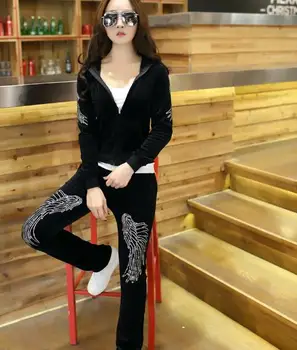 

Autumn Wings Rhinestone women's leisure Velvet fabric Sleeveless hooded and pants Two piece set auger suit Large size