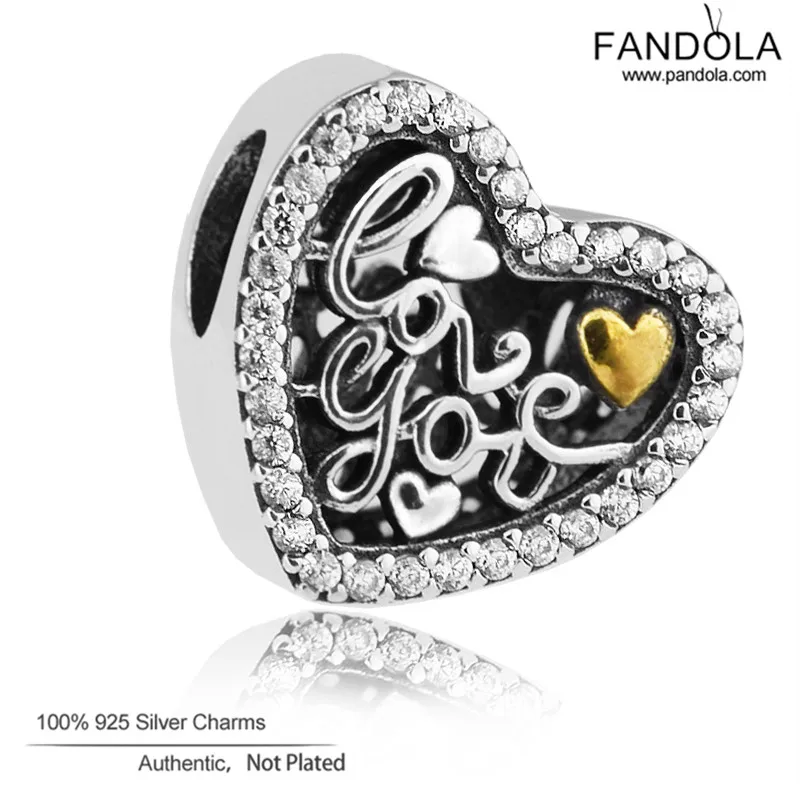 

100% 925 Sterling Silver 14K Gold Love Script Heart Charm Beads for Jewelry Making Fit Women Charms Bracelets kralen