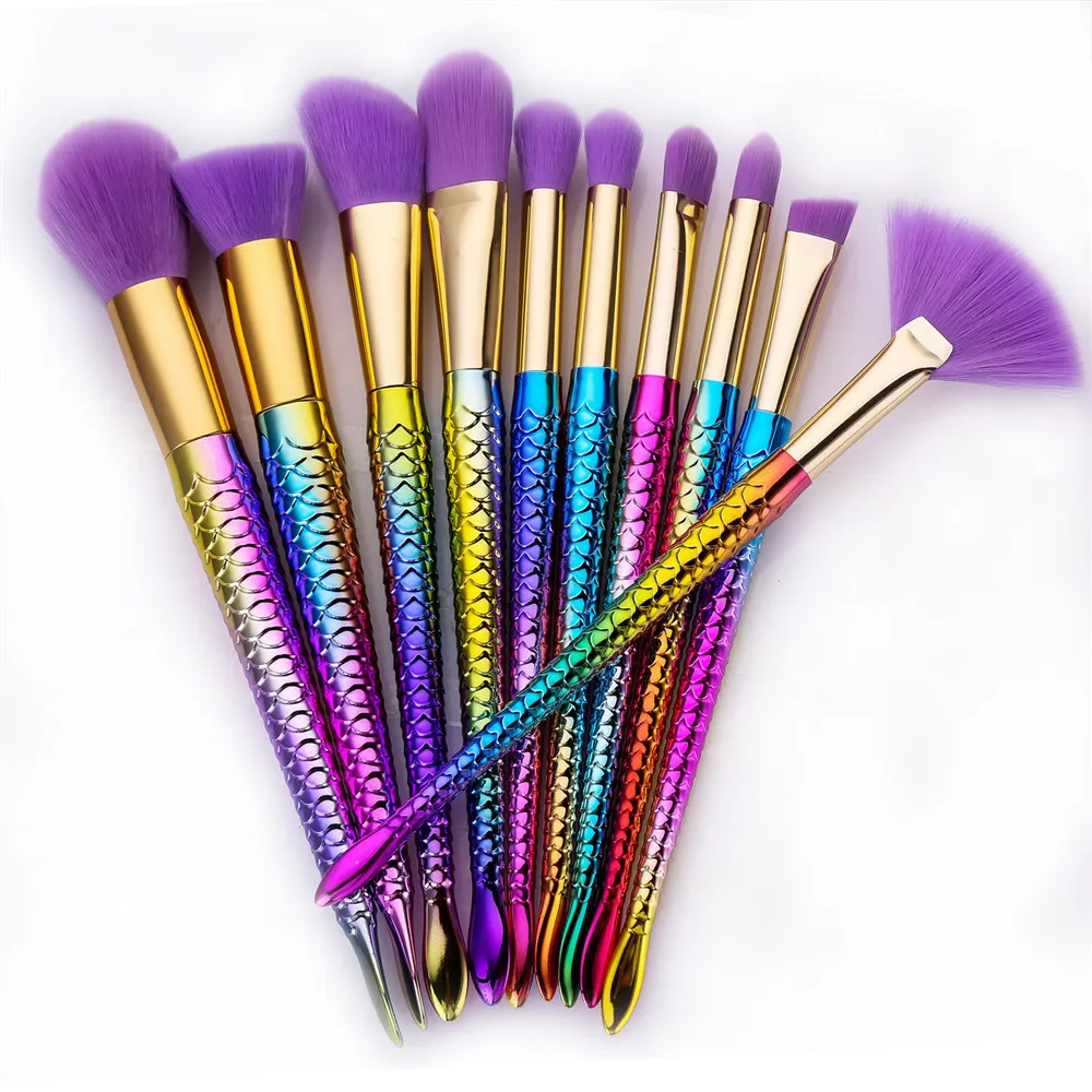 Buy 10PCS Mermaid Makeup Brushes Set Colorful Spiral Purple Foundation Powder