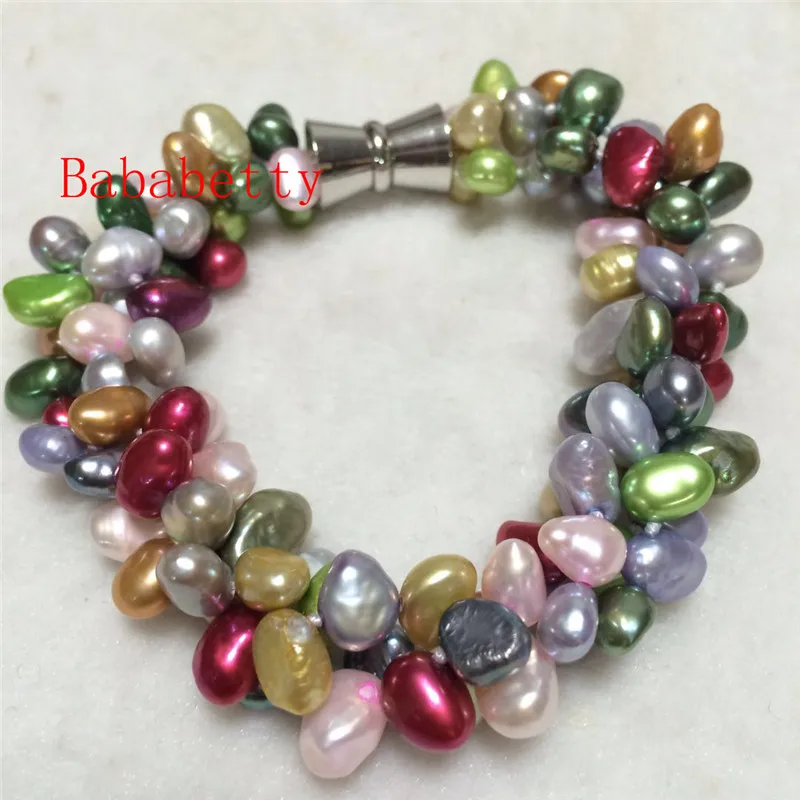 

new 3strands 8" 7-8mm baroque Multi-color freshwater pearl bracelet