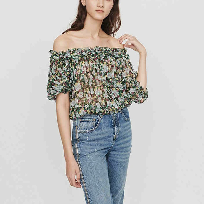 

2019 spring and summer new retro small fresh flower printed slash collar short-sleeved blouse tops