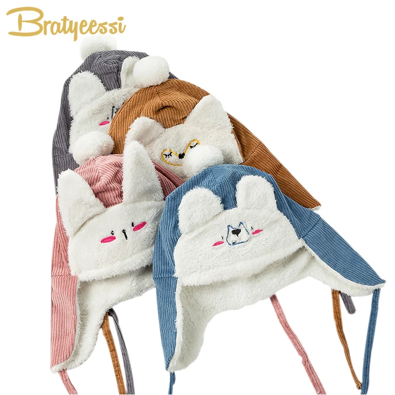 

Cartoon Baby Winter Hat Pompom Plush Lining Bonnet Enfant Warm Baby Hat Accessories Corduroy Winter Cap for Kids 1PC