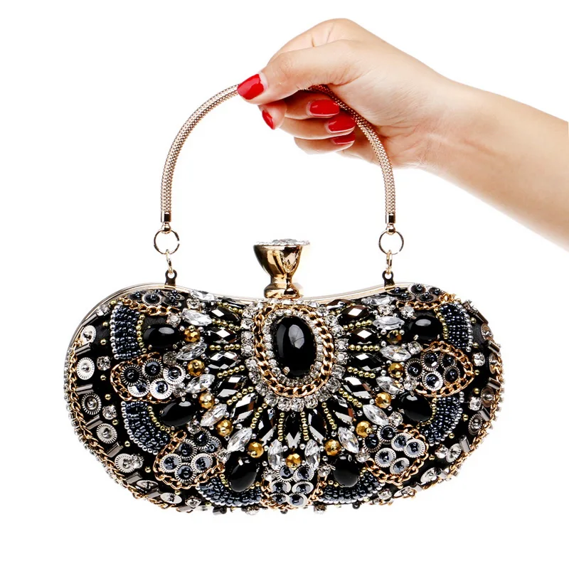 Luxy Moon Silber-Schwarz-Kristall-Metall-dekorative Clutch-Tasche mit Griff, Vorderansicht
