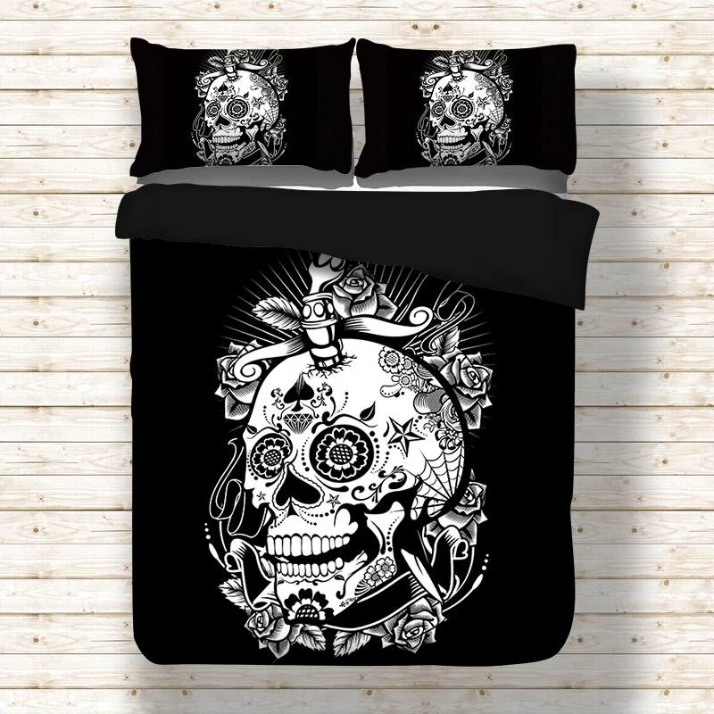 

Black / White Gothic Skull printed Twin Full Queen King UK Double sizes Duvet Cover set bed linens set 3 pcs black bedding set