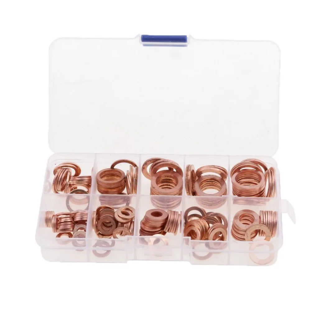 

200Pcs Copper Washers Flat Ring Sump Plug Oil Seal Gasket Assorted Set Tool Parts Accessories