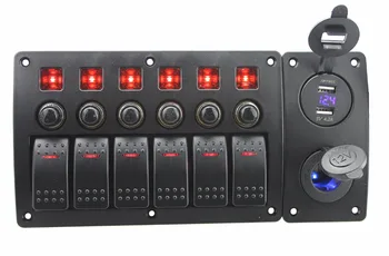 

IZTOSS red led DC12/24V 6 Gang on-off rocker switch curved panel led power charger 4.2A USB voltmeter sockets and circuit breake