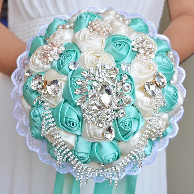 2017 Bridal Bridesmaid Wedding Bouquet Cheap New Luxury Crystal Turquoise Handmade Artificial Rose Flower Bridal Bouquets