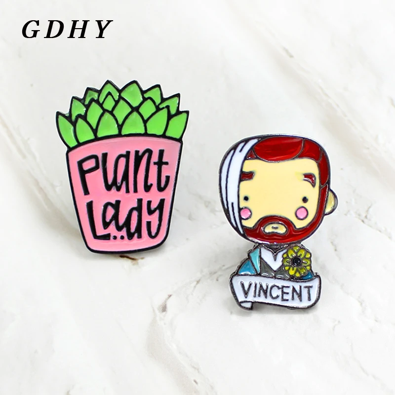 

GDHY Brooch Pins Van Gogh "VINCENT" Painter Self Portrait "PLANT LADY"Potted Plant Enamel Pins Art Lovers Badge Friends Gifts