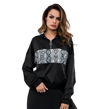 

Spring Fall Snakeskin Print Sweatshirt Zipper Long Sleeve Pullover Hoodies Causal Women Chic Tracksuits Hoody Turtleneck Coat