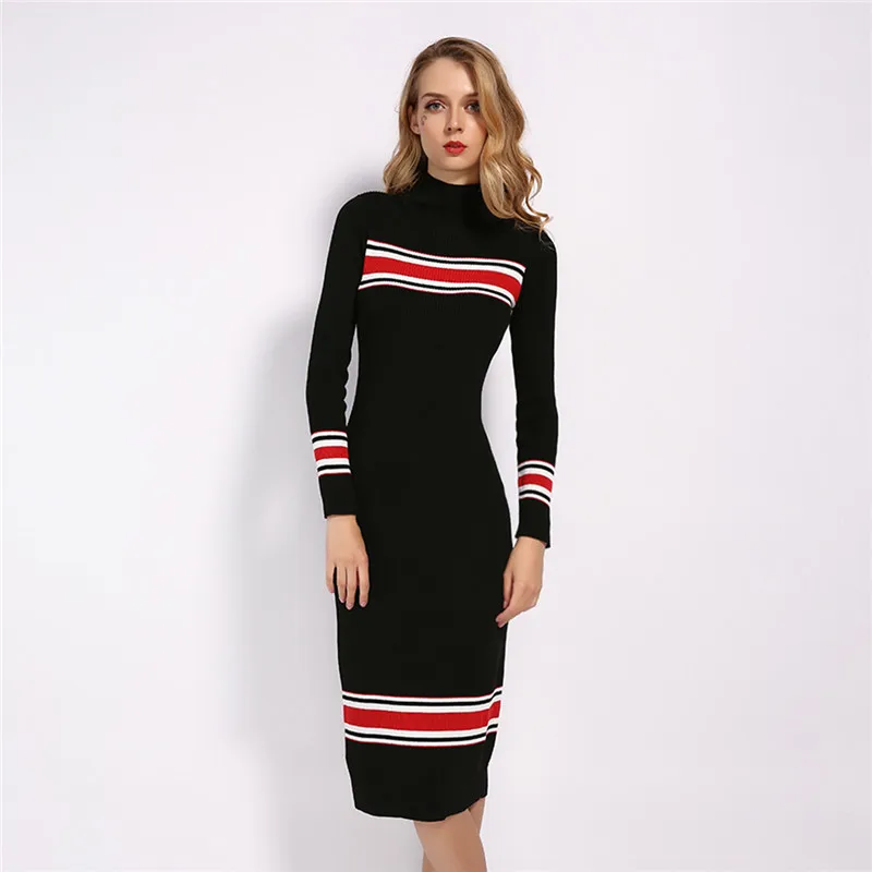 Black Stand Collar Striped Knitted Bodycon Dress