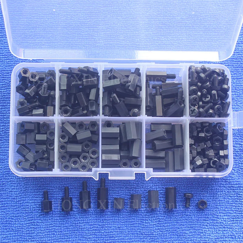 300pcs M3 Nylon Screw Black Hex Screw Nut Spacer Stand-off Varied Length Assortment Kit Box 300pcs M3 Nylon Screw Black Hex Screw Nut Spacer Stand-off Varied Length Assortment Kit Box