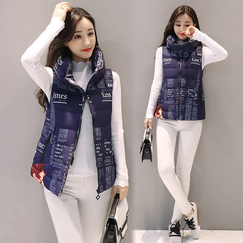 

Brieuces 2018 autumn and winter new woman printed feather cotton vest Woman collar cotton vest