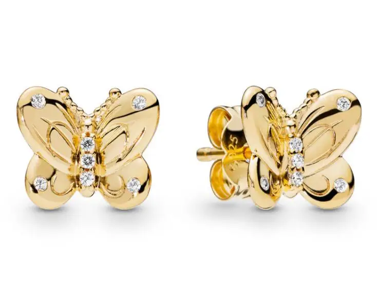 

Original 925 Sterling Silver Golden Shine Spring Decorative Butterflies Pandora Earrings For Women Wedding Gift Fine Jewelry