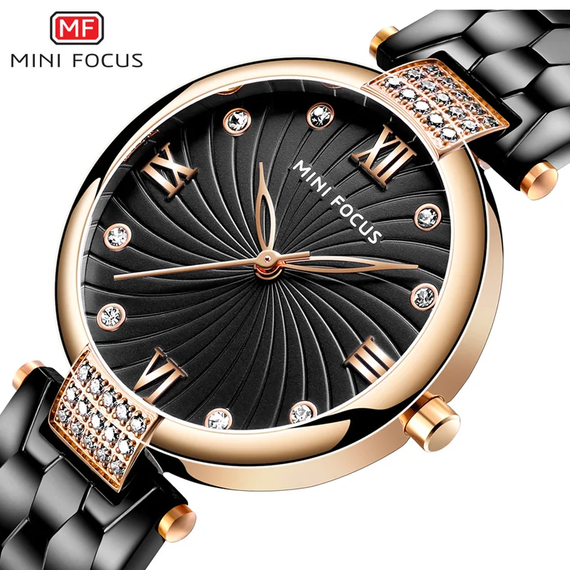 

MINI FOCUS Women's Quartz Watches Luxury Simple Analogue Wristwatch Lady Woman Waterproof Stainless Steel Bracelet 0186L Black