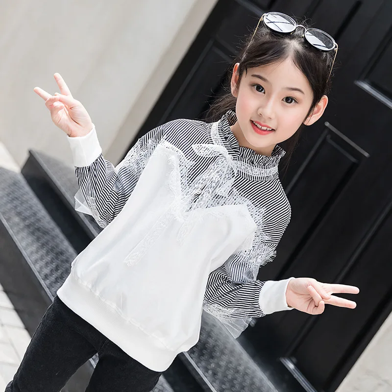 Детская футболка для девочек, одежда полосатые кружевные рубашки с длинными рукавами в стиле пэчворк для девочек школьная одежда для подростков Топы Для детей от 5 до 13 лет