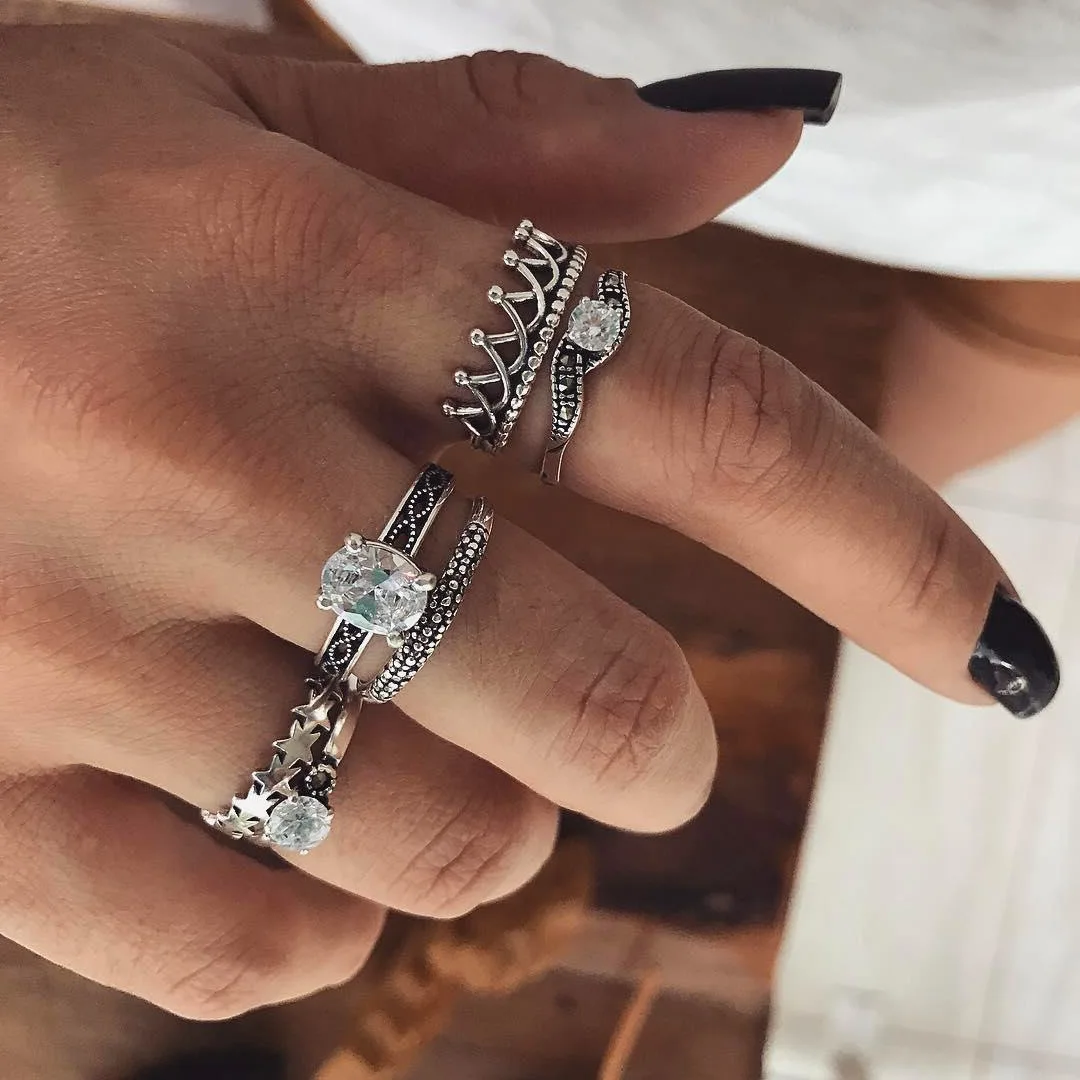 

2018 Bohemia punk ethnic crown stars cross crystal ring set , 6 piece ring Boho Female Charms Jewelry Knuckle Rings for women