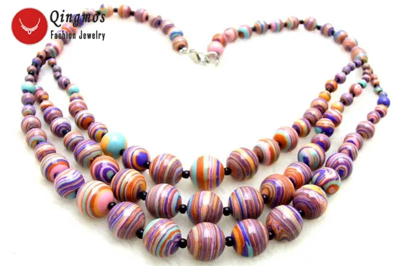 Qingmos 3 Strings Natural Agates Necklace for Women with 4-12mm Round Multicolor Zebra Stripe Agates Necklace Jewelry 20-22