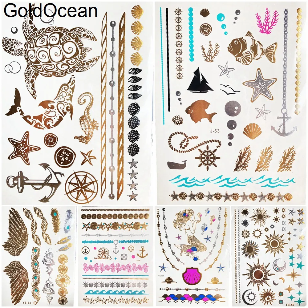 

Ocean Turtle Fish Starfish Temporary Tattoo Gold Metallic Girl Hand Water Transfer Tattoos Women Anchor Arm Flash Tatoos Chains