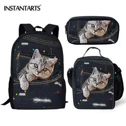 INSTANTARTS Детский рюкзак, милый джинсовый школьный рюкзак с принтом кота для девочек-подростков, мальчиков, Китти, кот, повседневные Рюкзаки