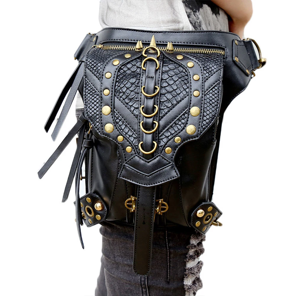 

Motorcycle Bag Female Black PU Leather Leg Bag Motorcycle Riding Rivets Multifunctional Motorbike Luggage Travel Outdoor Box