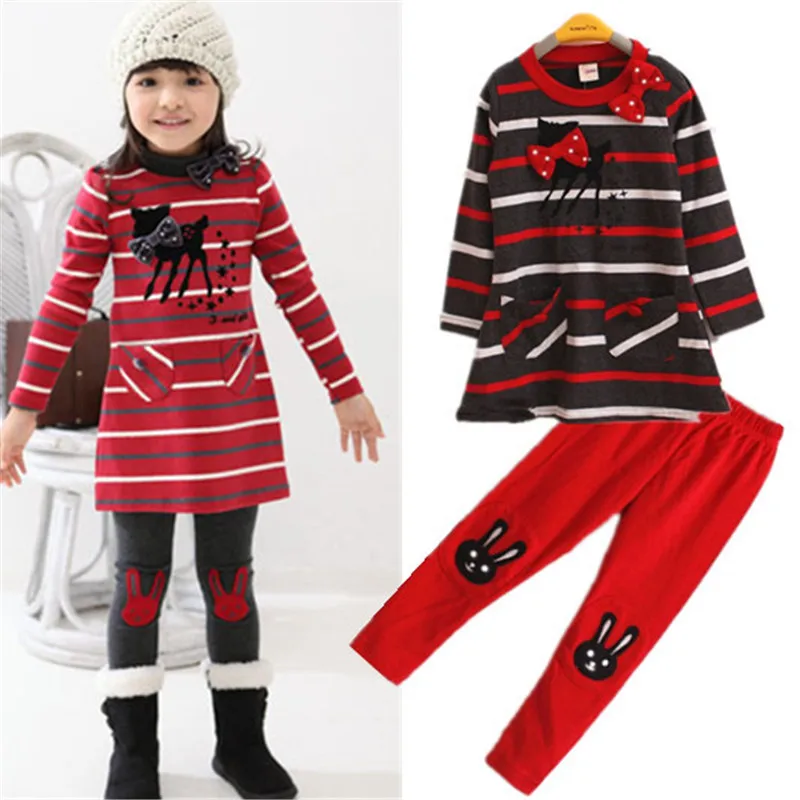 

New arrival Children's clothes Little Fawn Stripe Dress Girl's cartoon cute cat suit /2pcs Long sleeve dress+Leggings Girl's Set