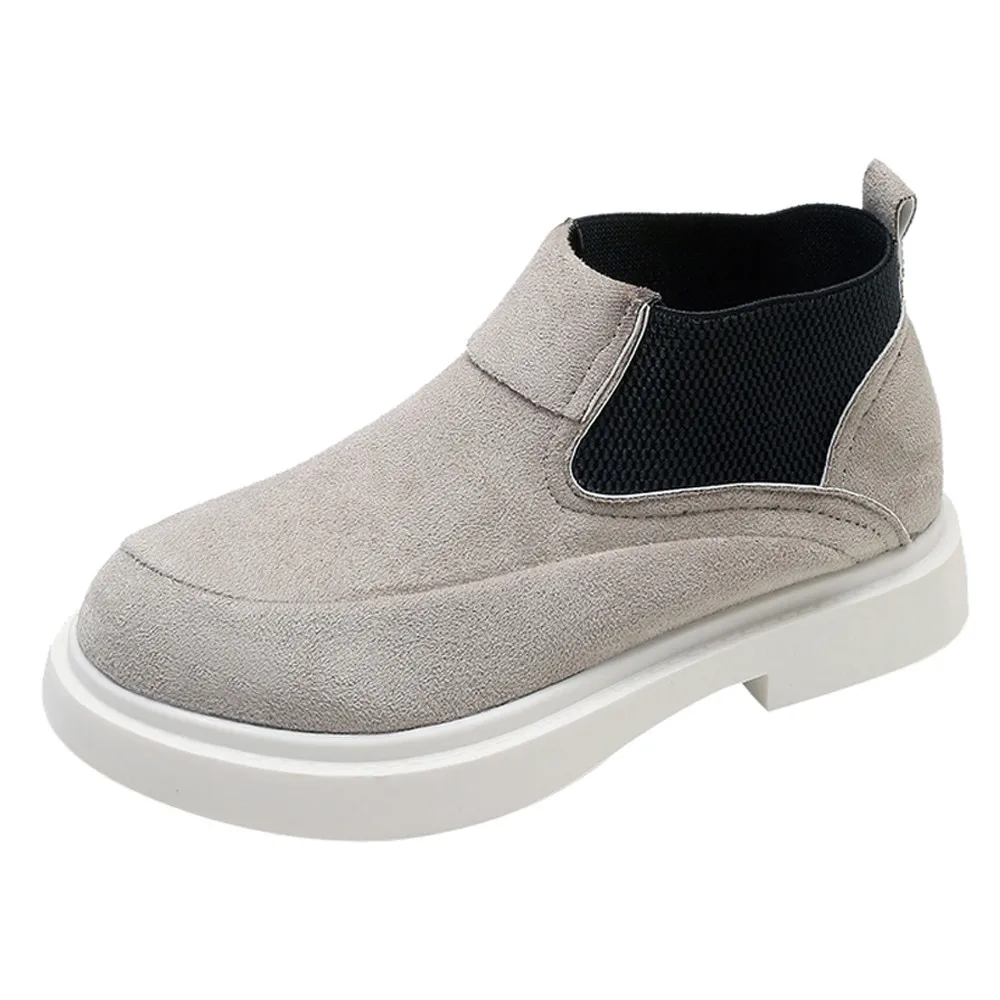 

New Arrival Solid Color Women Ankle Martain Boots Flat Heels Shoes Woman Suede Leather Boots Slip on Black Gray Plus Size 40