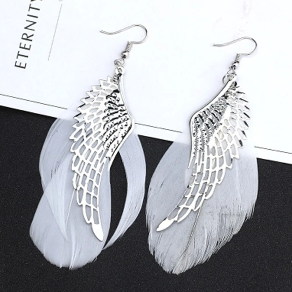 1Pair Elegant Angel Wing Dangle Earrings Long White Feather Earring For