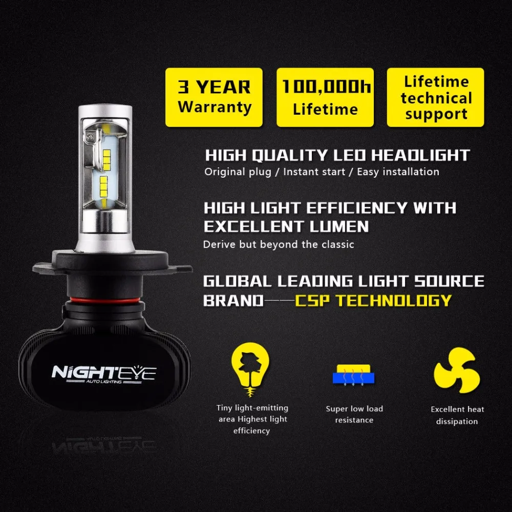 NIGHTEYE H4 9003 HB2 светодиодный головной светильник, комплект, светильник, лампа Hi Lo Beam 50 Вт лм, Автомобильный светодиодный светильник, лампы, головной светильник, супер качество