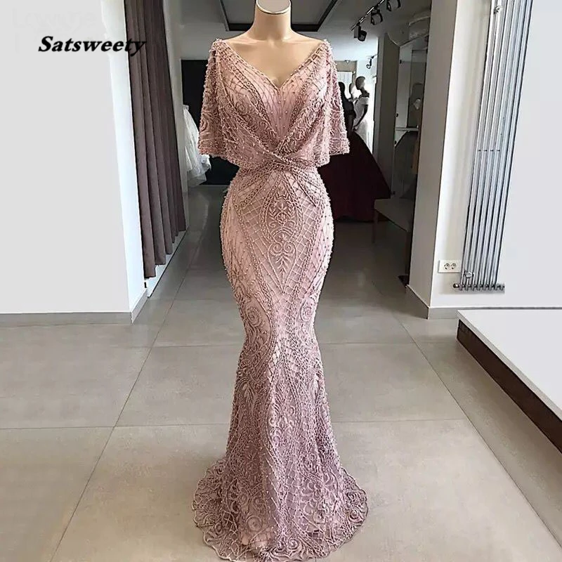 Angel-Novias-Long-Mermaid-Pink-Lace-Abendkleider-Arabic-Evening-Dress-2018-Kaftan-Dubai-Muslim-Party-Dresses