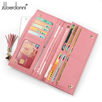 

Genuine Leather Women Wallet and Purse Female Long Credit Card Holder Coin Purses Solid Zipper Long Wallets Tassels Candy Color
